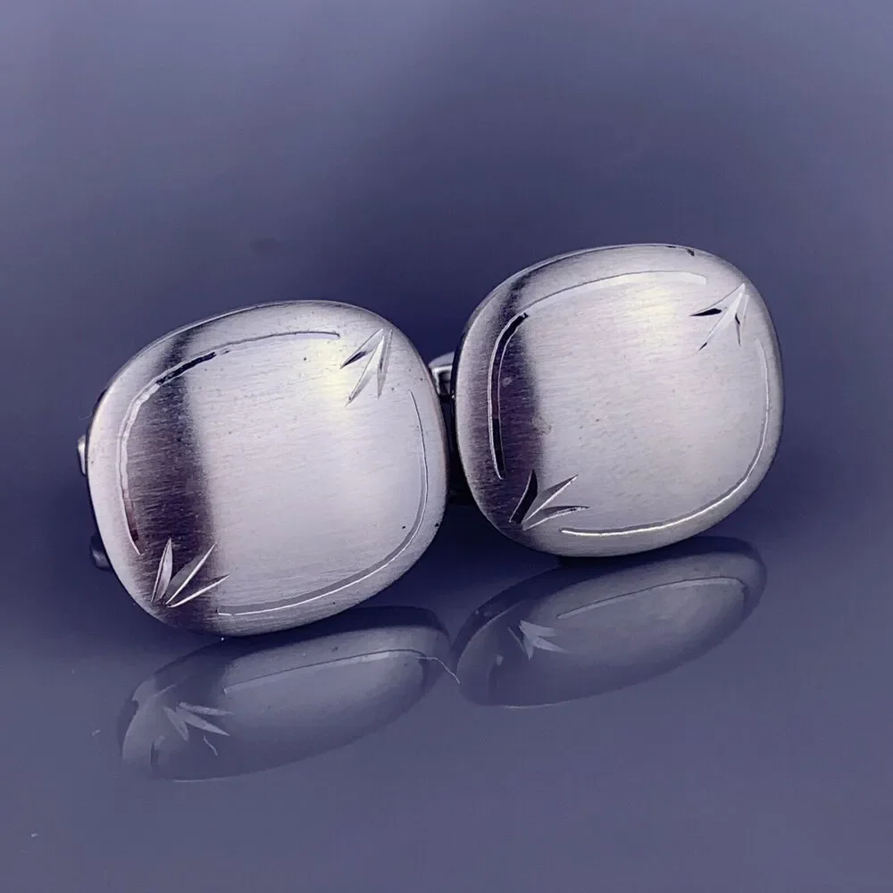 Simple Square Silver Tone Cufflinks Brushed Face Etched Border Foster Vintage